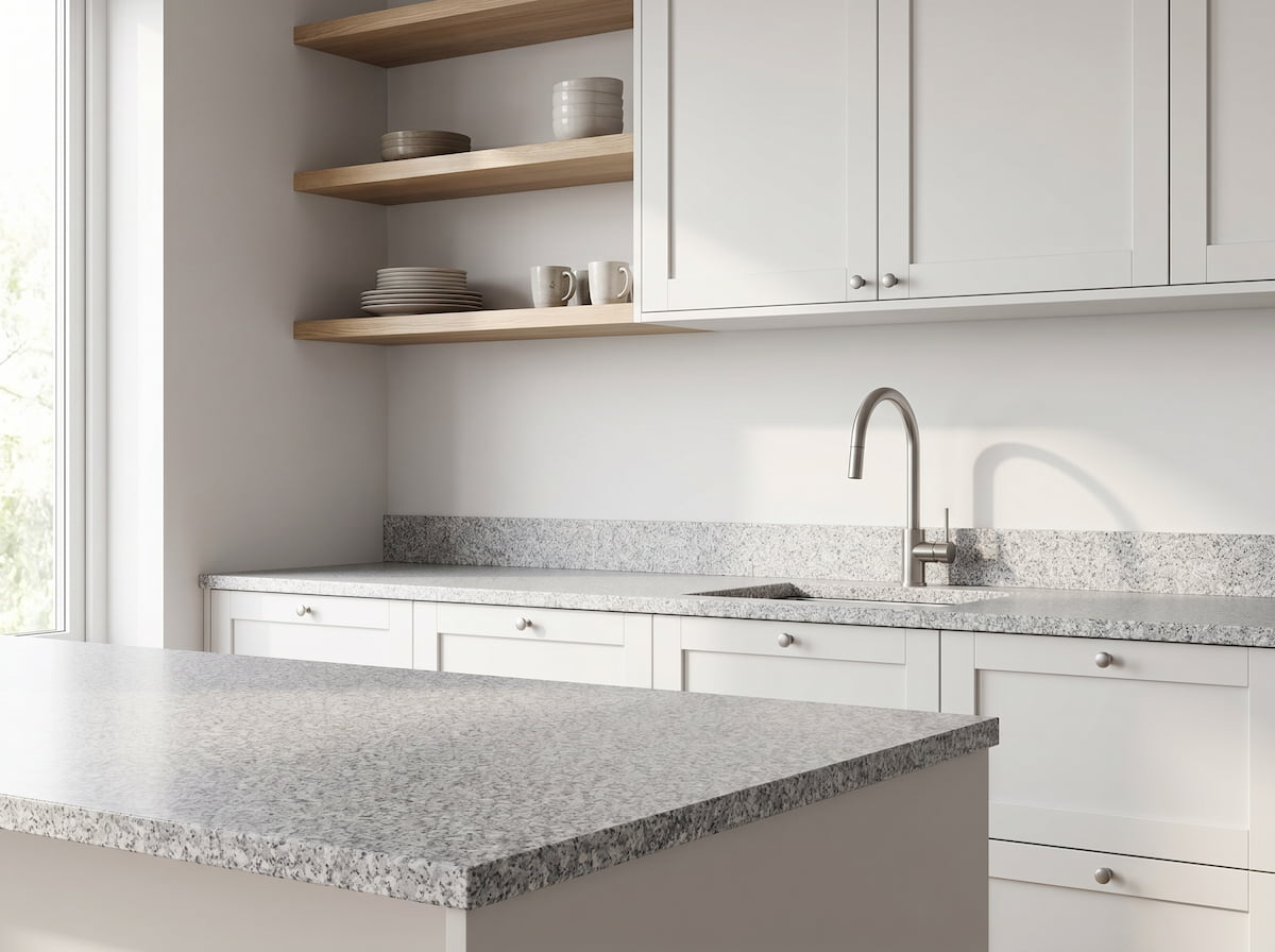 Plan de travail granit Cinza Evora gris clair sur mesure cuisine blanche bois