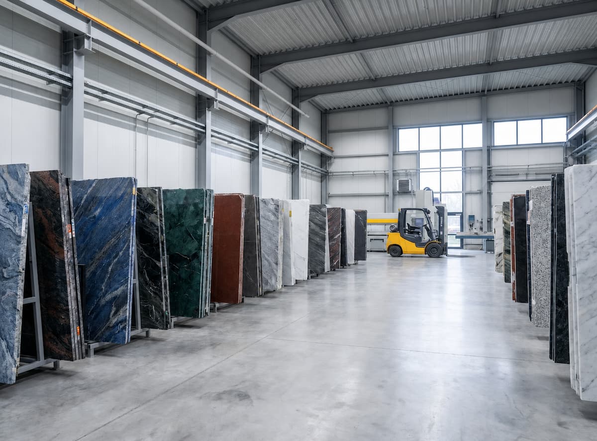 Entrepôt dalles granit marbre quartz fabrication sur mesure prix usine GranitGallery