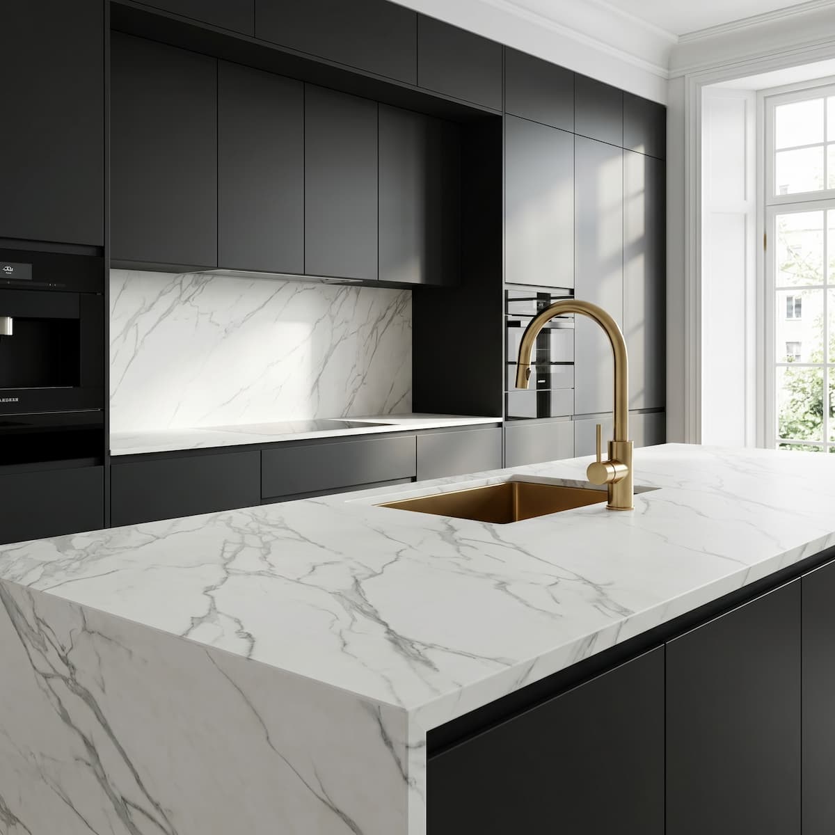 Plan de travail céramique Neolith Calacatta effet marbre blanc cuisine noire laiton sur mesure