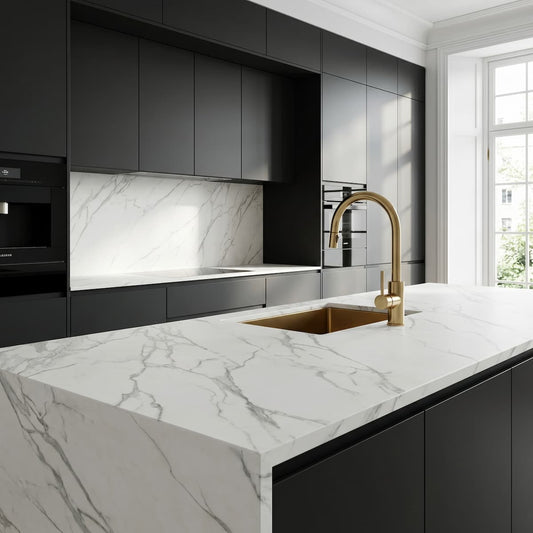 Plan de travail céramique Neolith Calacatta effet marbre blanc cuisine noire laiton sur mesure